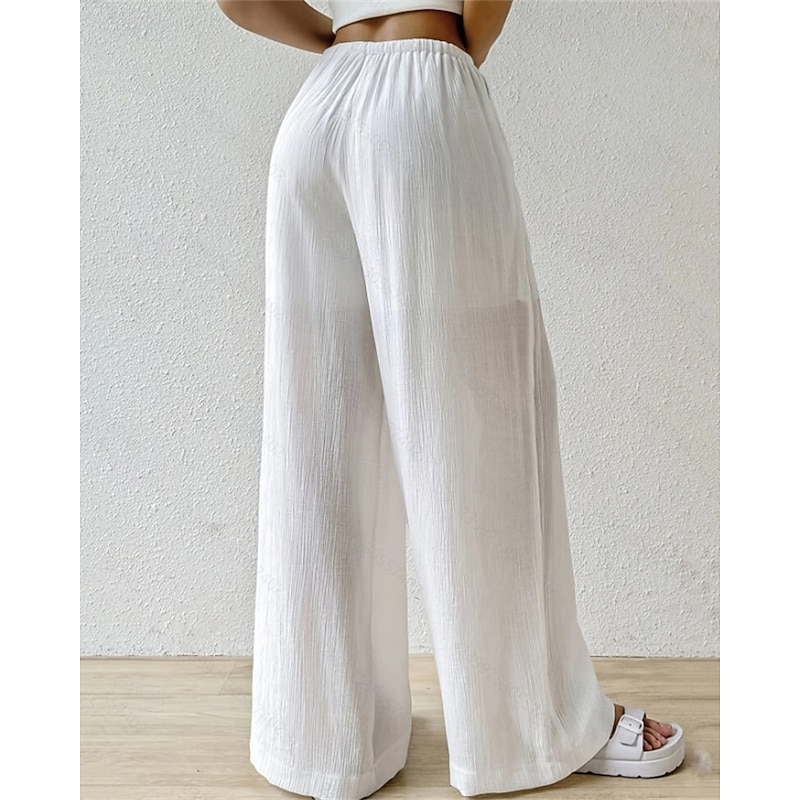 Women's Wide Leg Pants Trousers Palazzo Pants Fashion Streetwear Full Length High Waist Plain Elastic Waist Breathability Comfortable Street Daily Wear Going out Black White Pink Khaki Summer Spring4