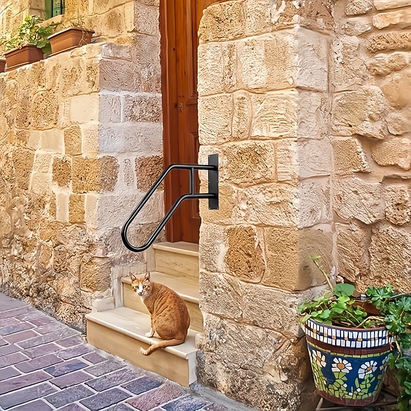 Matte Black Modern U-shaped 1pc Metal Handrail For Outdoor Steps, Wall-Mounted Safety Staircase Grab Rail, Modern Entryway Railing, With Plate Thickness And Installation Hardware4