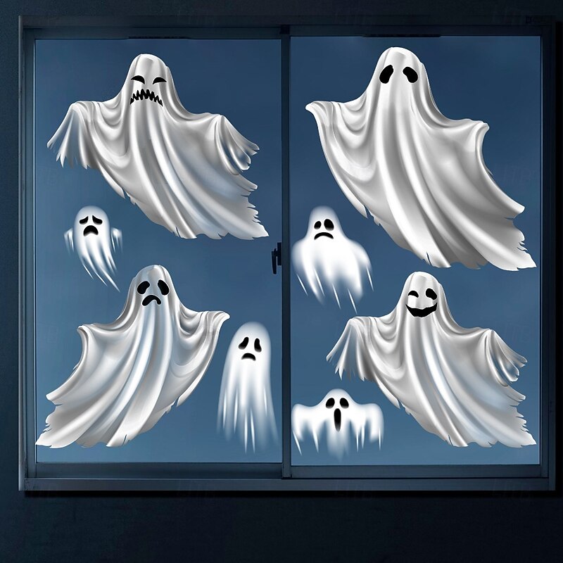 Halloween Window Cling Wall Sticker, White Ghost Glass Stickers, Removable Static Clings for Cabinet Glass Door Scene Decoration Halloween Party Home Decor2