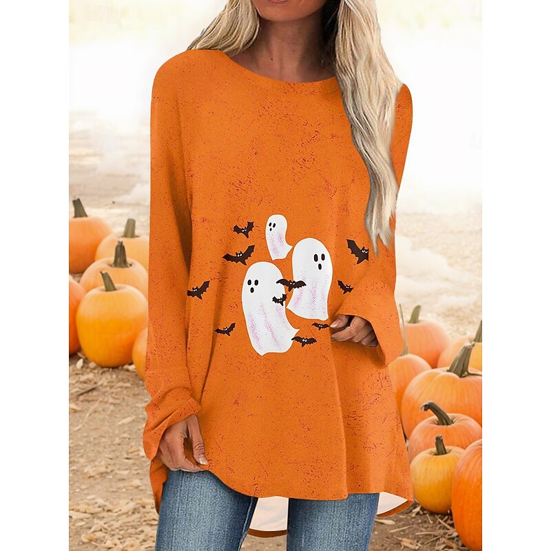Halloween Women's T shirt Pumpkin Long Sleeve Graphic Vintage Casual Long Sleeve Crew Neck Regular Tops Daily Print Black White Yellow Orange Spring Fall Prefall4