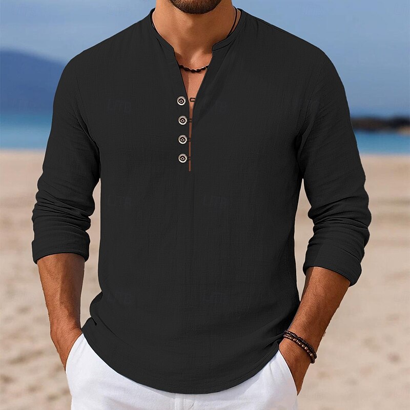 Men's Shirt Linen Shirt Summer Shirt Beach Shirt Solid Color Vacation Casual Black White Green Light Blue Long Sleeve Henley Fall Spring & Summer Clothing Apparel