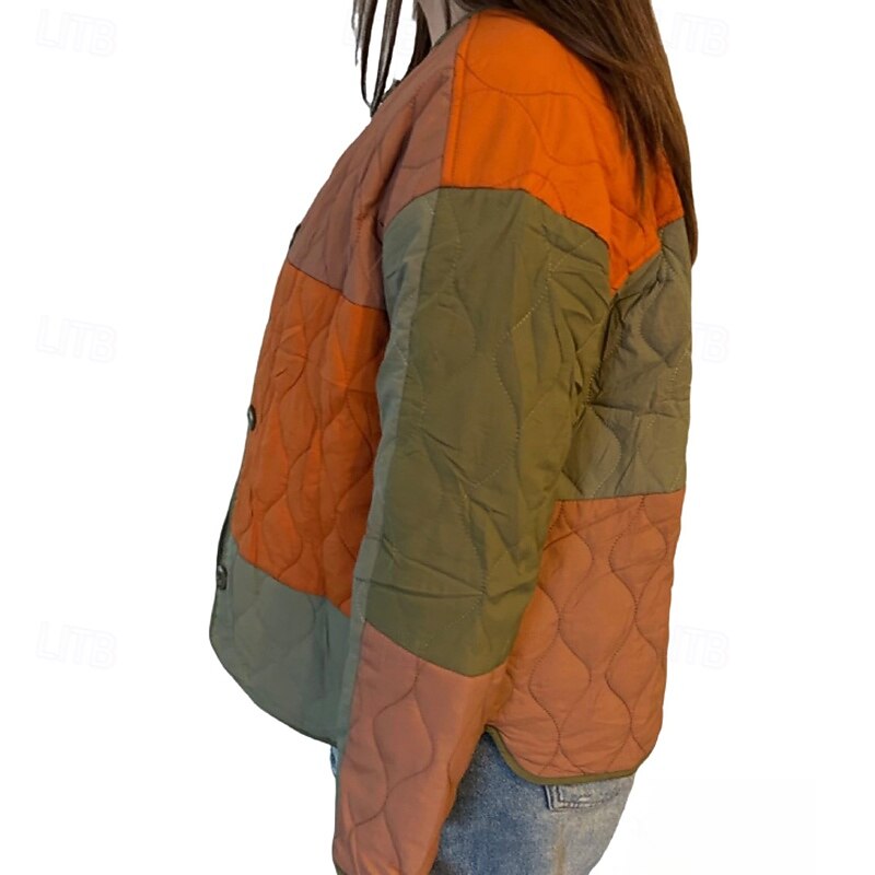 Women's Casual Jacket Comfortable Patchwork Pocket Buttons Casual Color Block Holiday Going out Single Breasted Regular Crewneck Regular Fit Long Sleeve Outerwear Black Orange Green Fall Winter2