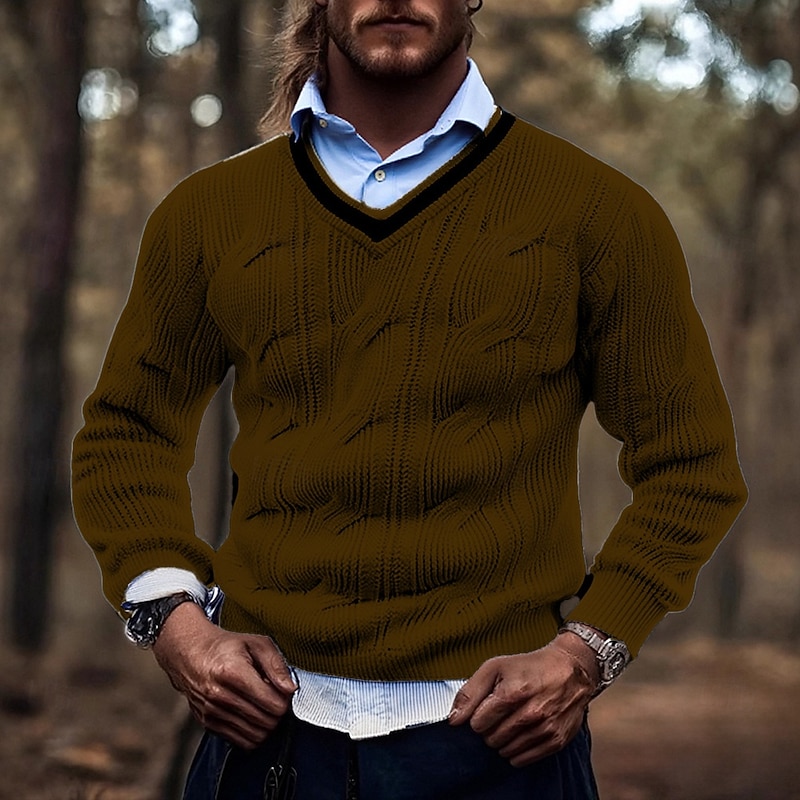 Men's Pullover Sweater Jumper Knit Sweater Ribbed Knit Regular Tops Knitted Plain V Neck Fashion Basic Vacation Daily Wear Clothing Apparel Fall Winter Black White M L XL3