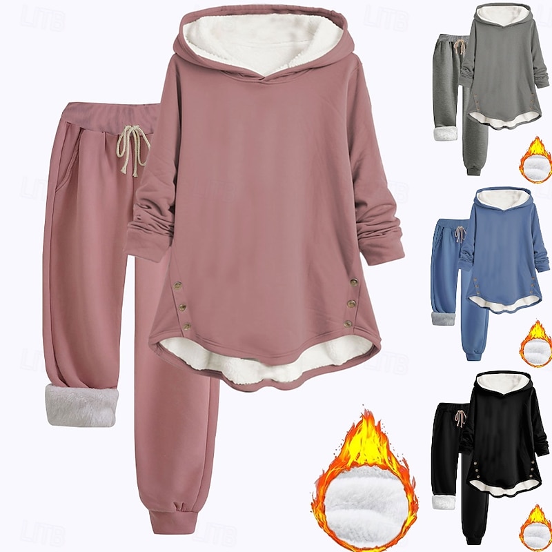 Women's Warm Daily Two Piece Sets Tracksuit Pants Sets Long Sleeve Hooded Graphic Plain Drawstring Print Casual Daily Black Dark Pink Blue Fall Regular Fit