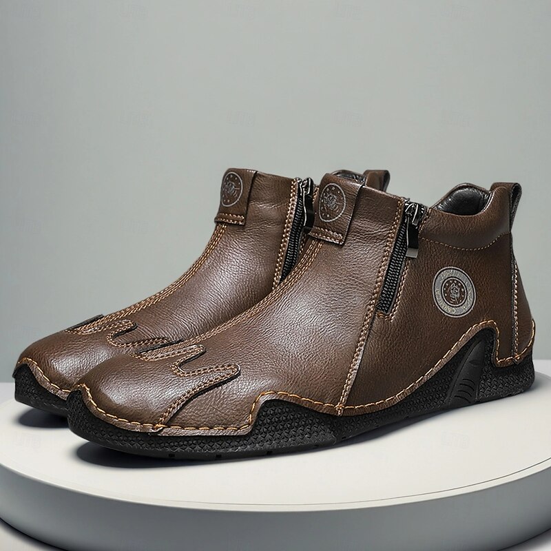 Men's Brown Leather Zipper Slip-On Shoes with Unique Round Toe and Flexible Sole – Retro Casual Footwear for Travel, Work and Daily Comfort