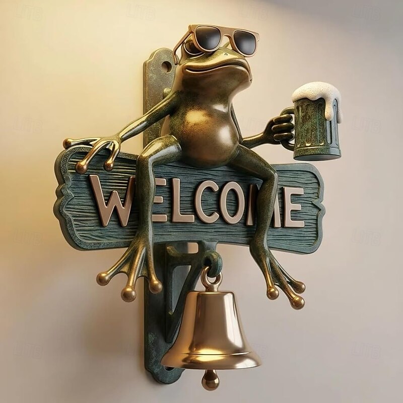 Chill Frog Welcome Doorbell Cool Frog Wall Bell with Sunglasses & Beer Mug Metal Frogs Garden Decor Stylish and Inviting Hand-Painted Resin Decorative Door Chime for Porch, Garden Gate or Entryway2