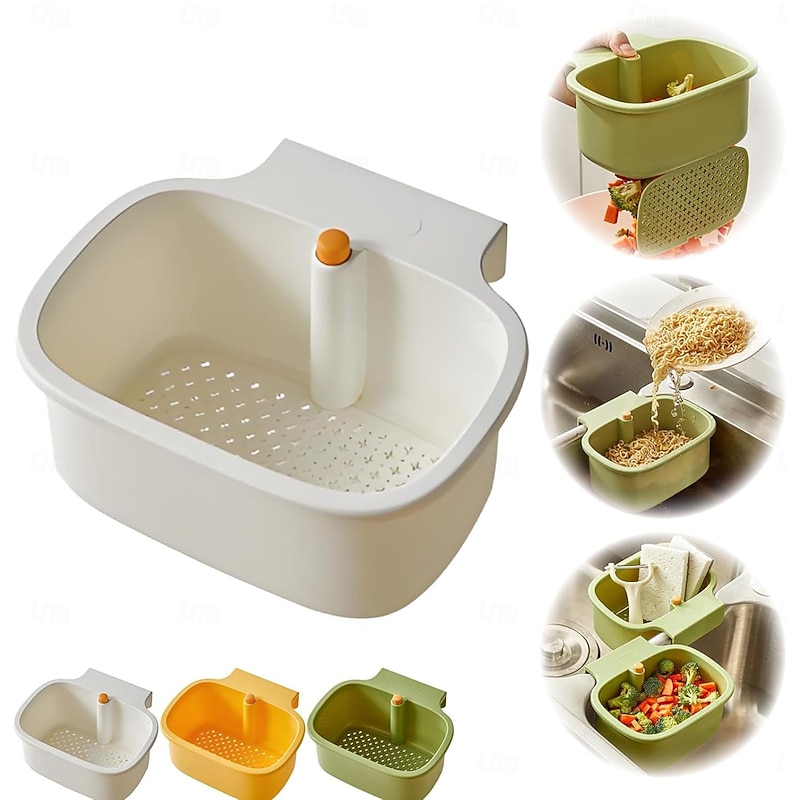 One-Button Opening and Closing Hanging Sink Corner Rack Multi-Use Veggie Washer/Dishwasher Holder Suitable for Kitchen, Fruit & Vegetable Storage and Soup Strainer