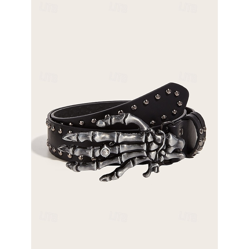 Women's Halloween Gothic Skeleton Hand Belt – Punk Rock Studded Faux Leather Waist Belt with Skull Buckle for Costume Party, Cosplay and Nightclub Outfits