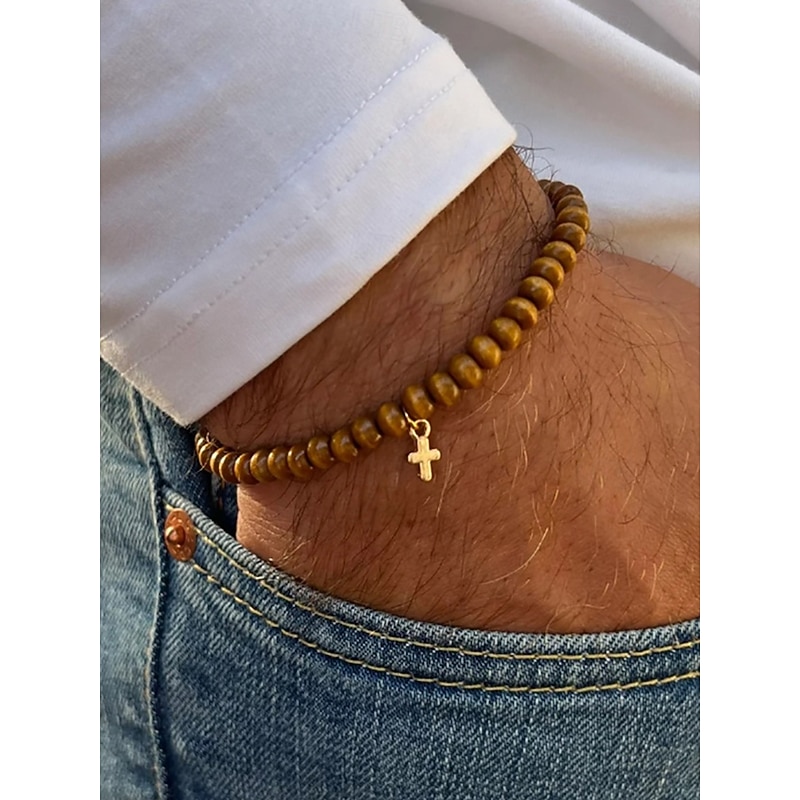 Men's Wooden Beaded Cross Bracelet Set – Natural Rustic Style Stretch Bracelets for Casual, Beach or Spiritual Wear3