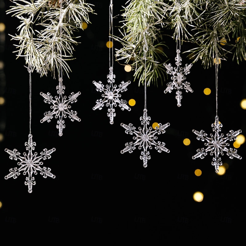 6PCS Christmas Crystal Snowflake Ornaments, Acrylic Transparent Snowflake Hanging Decorations, Pink Icicle Snowflake Ornaments 3-Color Hanging Pendants for Holiday Tree Party Home Decor