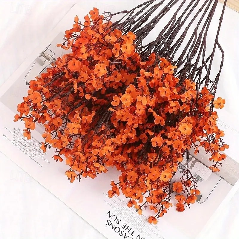 6 Pcs Fall Artificial Outdoor Orange Flowers – Realistic Touch Silk Petals with Detachable Stems for DIY Wedding, Office Centerpieces, Party Decorations, Floral Arrangements, Home Decor – Autumn Orange2