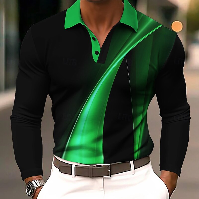 Men's Geometic Line Polo Long Sleeve Polo Shirts Lapel Business Casual Athleisure Daily Wear 3D Print Buttons Spring Fall Winter Black Blue Purple4