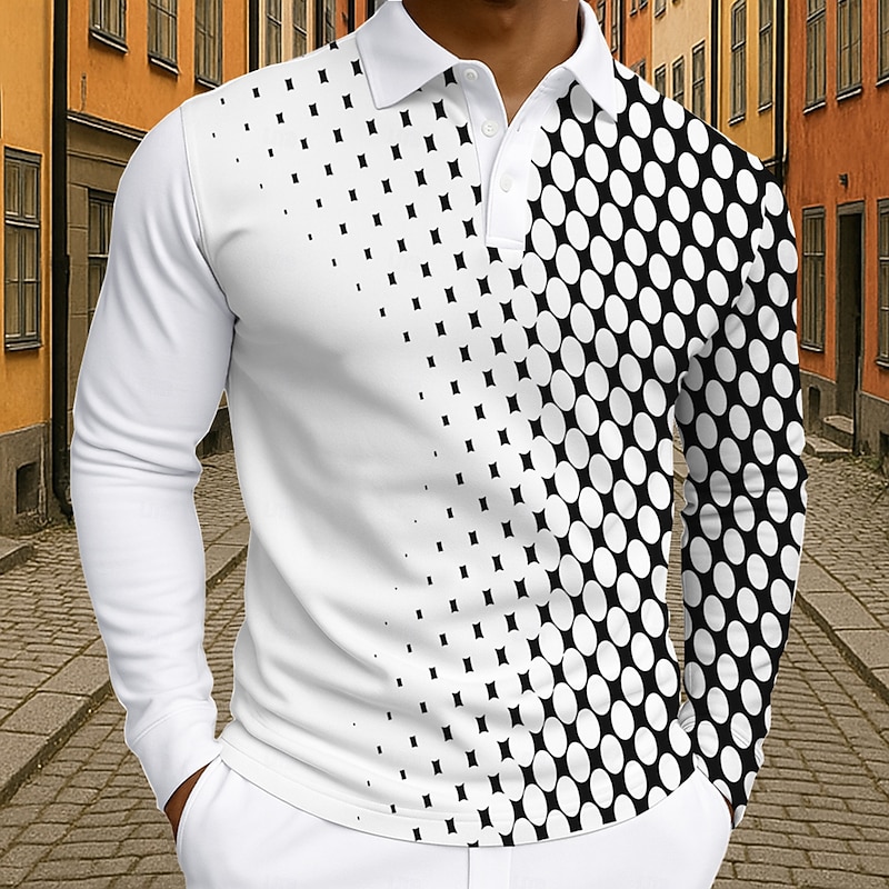 Men's Geometic Polo Long Sleeve Polo Shirts Lapel Business Casual Athleisure Daily Wear 3D Print Buttons Spring Fall Winter Black White