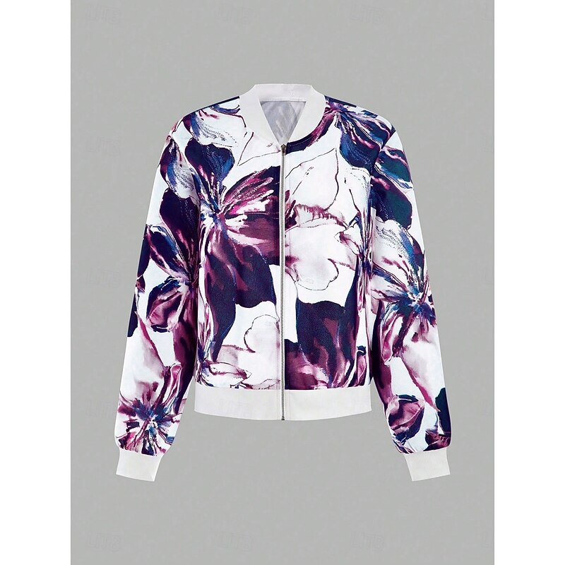 Women's Bomber Jacket Casual Jacket Comfortable Breathable Zipper Print Casual Floral Vacation Street Casual Daily Wear Zipper Short Stand Collar Regular Fit Long Sleeve Outerwear Purple Green Summer2