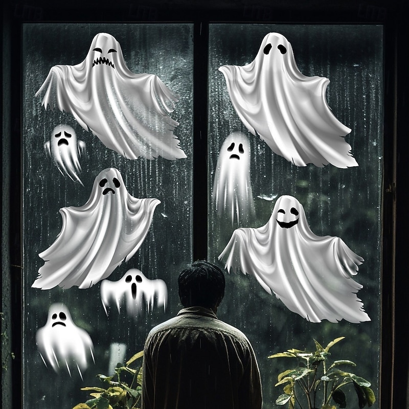 Halloween Window Cling Wall Sticker, White Ghost Glass Stickers, Removable Static Clings for Cabinet Glass Door Scene Decoration Halloween Party Home Decor4