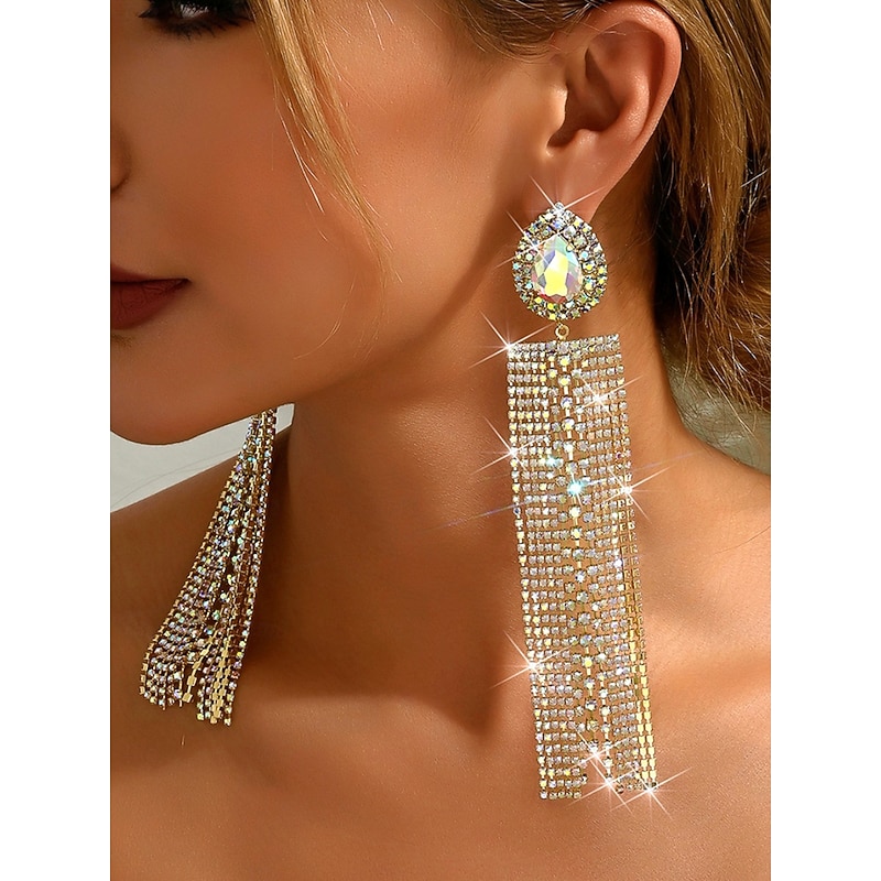 Women's Crystal Rhinestone Tassel Earrings, Long Dangle Statement Jewelry for Nightlife Party and Club Outfits2