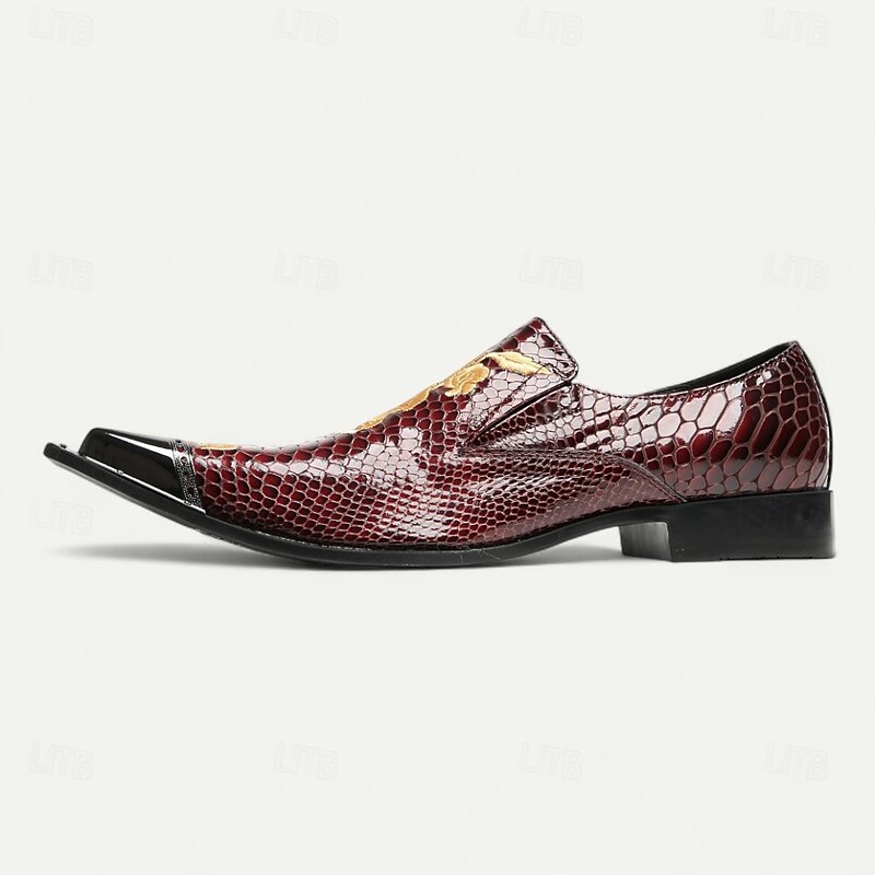 Men's Burgundy Crocodile Pattern Leather Dress Shoes, Luxury Pointed Toe Loafers with Floral Embroidery for Weddings, Parties and Formal Occasions3