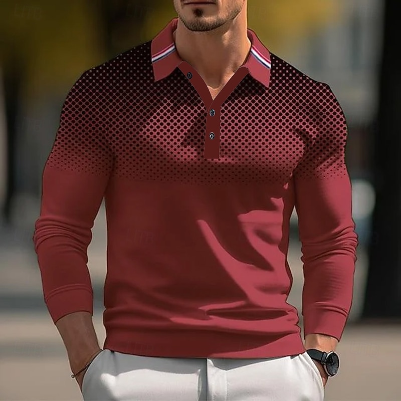 Men's Dot Geometic Polo Long Sleeve Polo Shirts Collared Shirts Casual Outdoor Athleisure 3D Print Buttons Spring Fall Winter Black White Red3