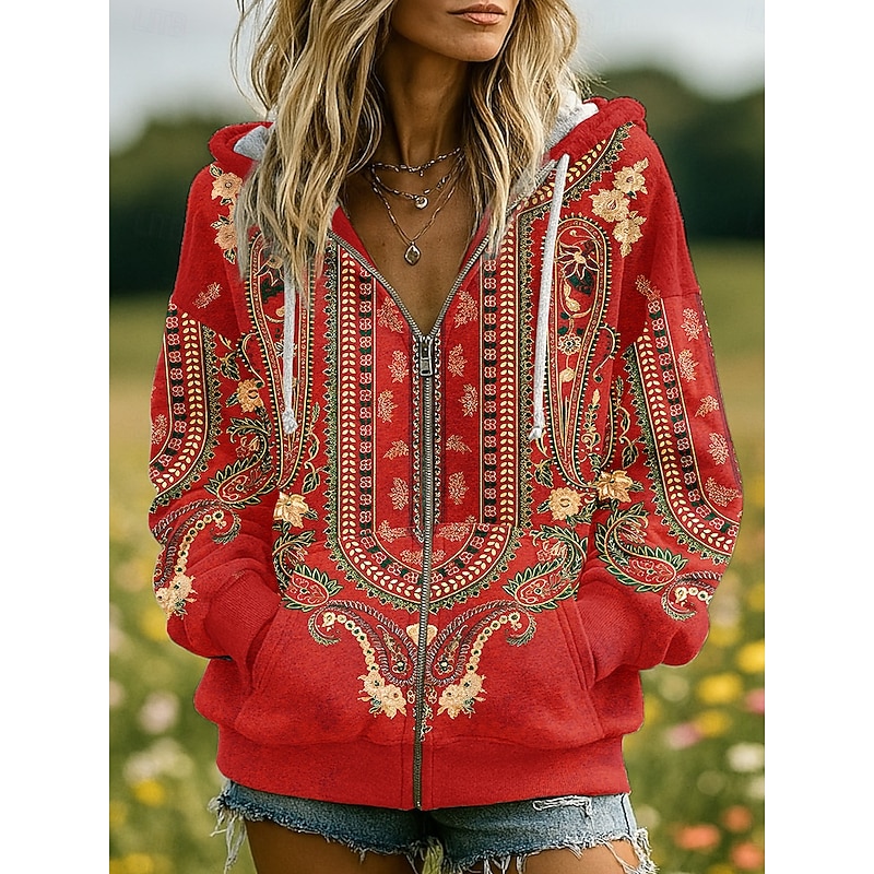 Women's 3D Print Vintage Boho Hoodie Patchwork Hoodie Sweatshirt Floral Zip Up s  Fashion Casual Long Sleeve Hooded  Street Dailywear Casual Patchwork Zipper Pocket Pink Red Blue Spring Fall4