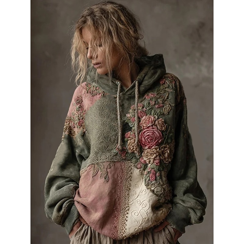 Women's 3D Print Vintage Boho Hoodie Patchwork Hoodie Sweatshirt Floral Pullover Sweatshirt Oversized Casual Warm Active Hooded Street Dailywear Patchwork Pink Spring Fall Winter2