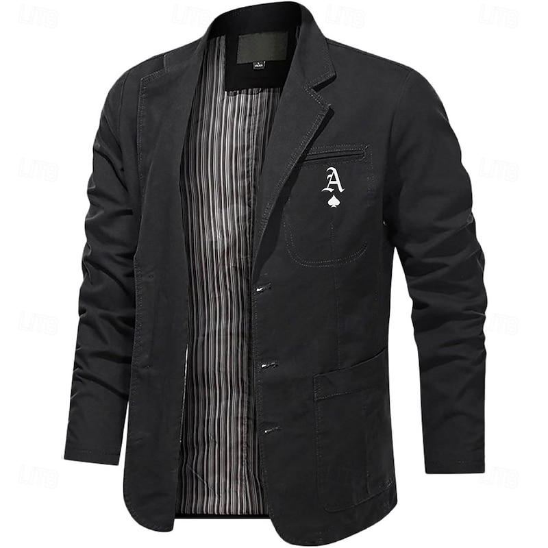 Men's Letter Print Cotton Suit Jacket Suits Coat Blazer Casual Outdoor Dailywear Long Sleeve Notch Lapel Collar Outwear Pockets Button Down Stripe Lined Suit Jacket Fall Winter Black khaki Army Green