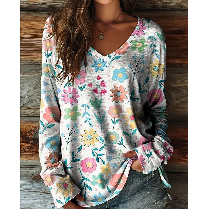 Women's T shirt Long Sleeve Floral Graphic Plants Vintage Stylish Casual Long Sleeve V Neck Regular Tops Daily Print Black White Yellow Pink Blue  Spring Fall Prefall4