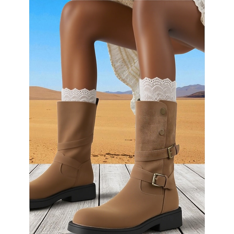 Women's Suede Mid-Calf Boots with Buckle Straps, Casual Retro Style Comfortable Low Heel Shoes for Urban Streetwear and Everyday Outfits4