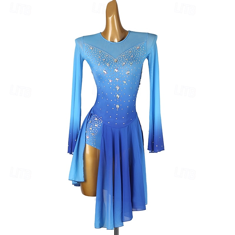Figure Skating Dress Women's Girls' Ice Skating Dress Royal Blue Patchwork Open Back Mesh Spandex High Elasticity Training Practice Professional Skating Wear Classic Crystal / Rhinestone Long Sleeve