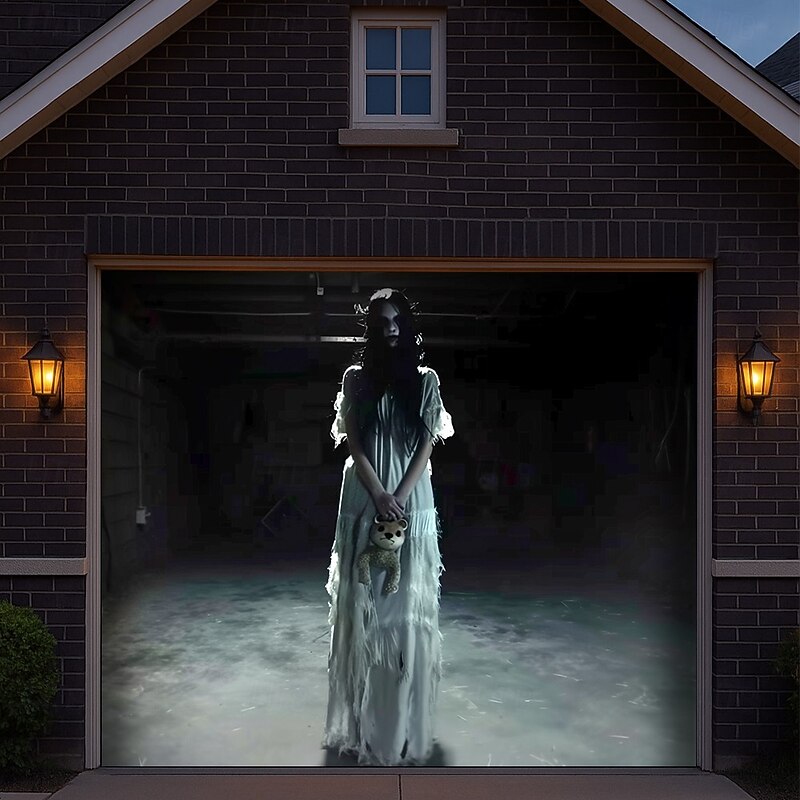 Halloween Garage Door Cover Creepy Girl in Haunted Garage Banner Horror Ghost Scene Backdrop Tapestry for Scary Outdoor Decoration3