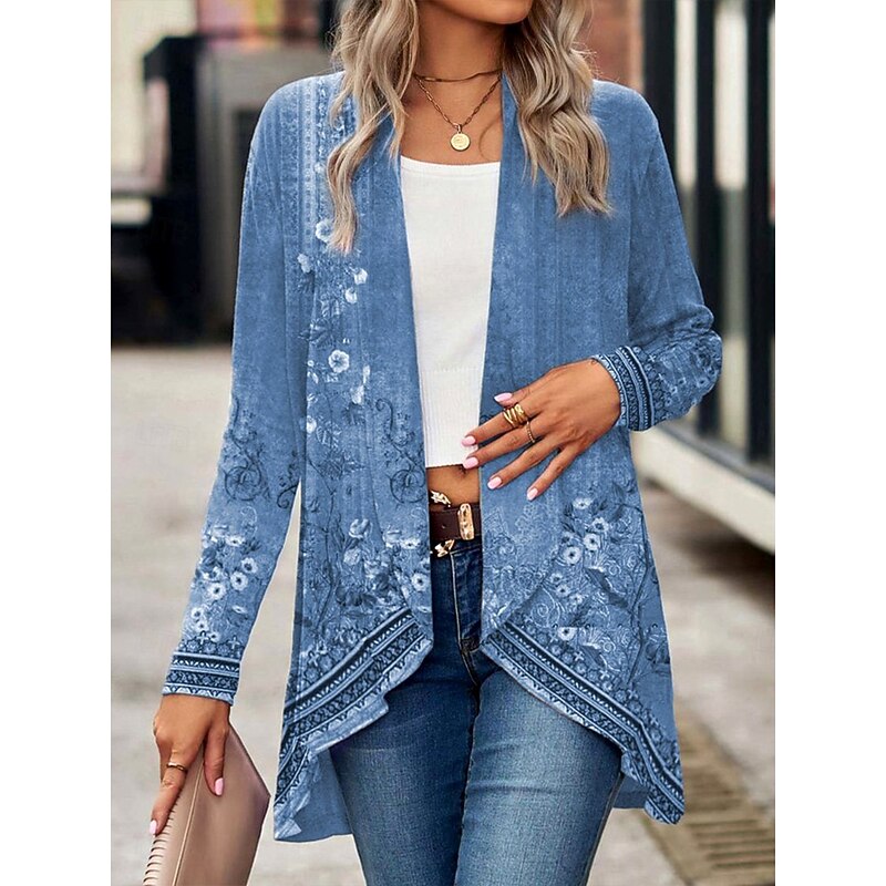 Women's Shirt Ombre Floral Graphic Bohemia Vintage Western Long Sleeve Going out Print Draped Sage Green Blue Spring Fall