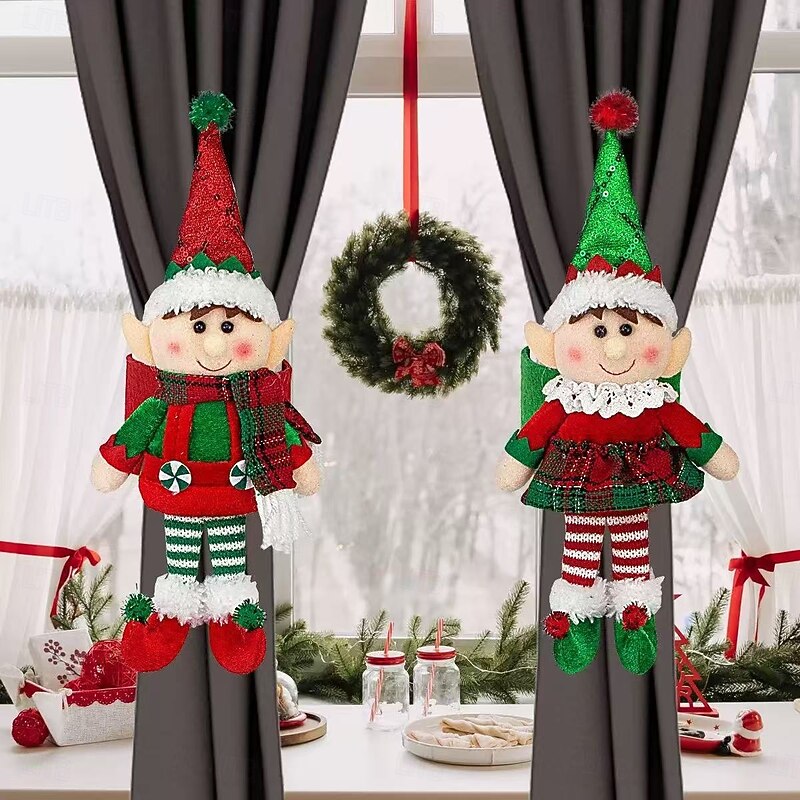 2pcs Christmas Elf Curtain Decorations – Festive Holiday Ornaments for Home, Christmas, Halloween, and Thanksgiving