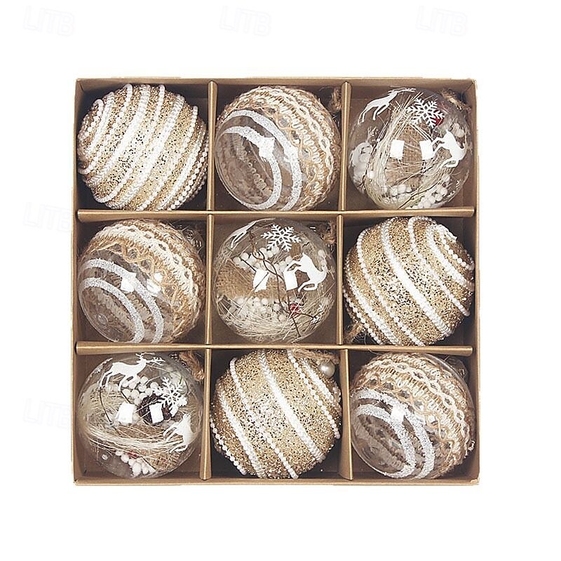 9 Pcs Christmas Tree Balls Baubles Ornaments 8cm Xmas Decorations Transparent Jute Rope Hanging Balls Handmade Gift Box Set For Holiday Party Christmas Tree Decoration Accessories2