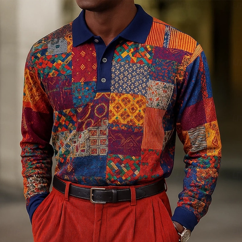 Men's Abstract Geometic Polo Long Sleeve Polo Shirts Lapel Business Casual Athleisure Daily Wear 3D Print Buttons Spring Fall Winter Red Rainbow