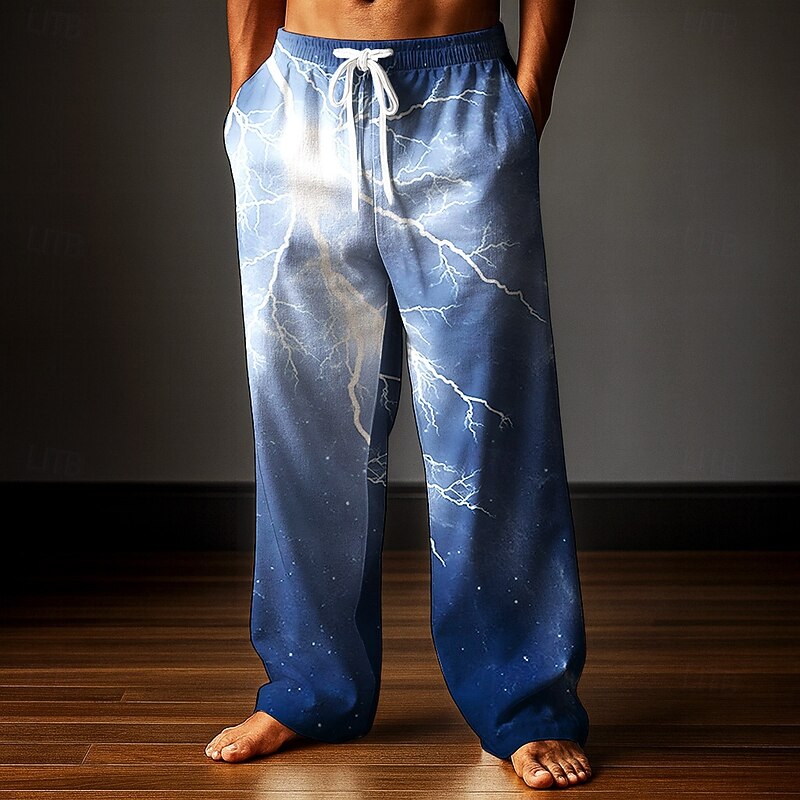 Halloween Men's Lightning Halloween Costumes Trousers Baggy Pants Casual Pants Mid Waist Dark Gothic Style Holiday Elastic Drawstring Waist Linen-Like Pants with Pockets Spring Fall 3D Print Blue2