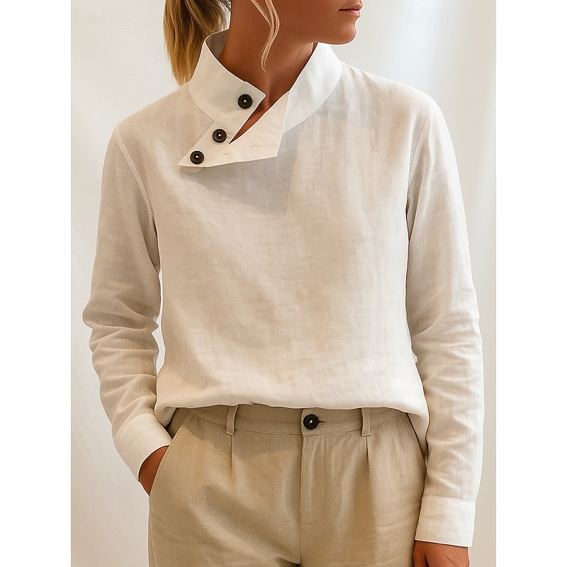 Women's Blouse Solid Color Vintage Stylish Classic Long Sleeve High Neck Regular Tops Daily Buttons White Yellow Pink Blue Spring Fall Winter