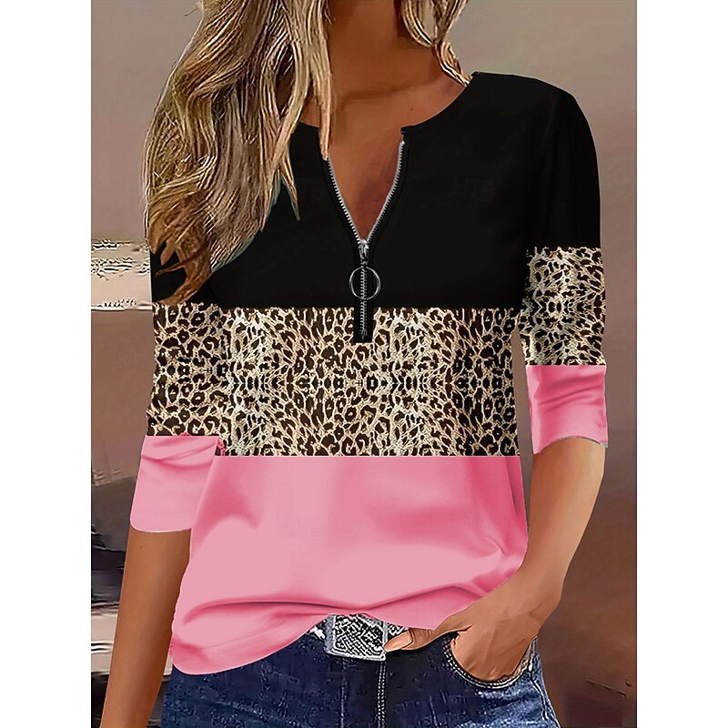 Women's T Shirt Graphic Leopard Color Block Vintage Stylish Classic Long Sleeve Round Neck Regular Tops Daily Weekend Zipper Print White Pink Blue Purple Green Spring Fall Winter