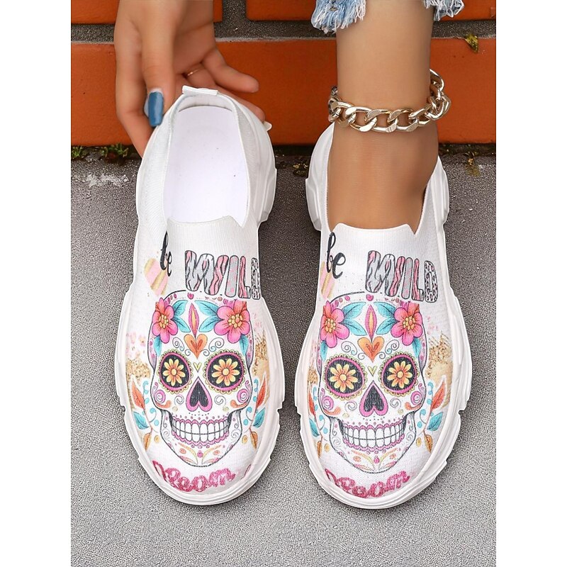 Women's Flyknit Slip-On Sneakers with Colorful Sugar Skull Print – Comfortable Casual Shoes for Halloween, Day of the Dead & Fall Parties2