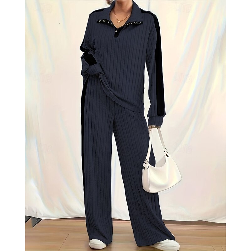 Women's Active Fashion Blouse Pants Sets Long Sleeve Shirt Collar Color Block Patchwork Vacation Daily Wear Army Green Royal Blue Fall Regular Fit