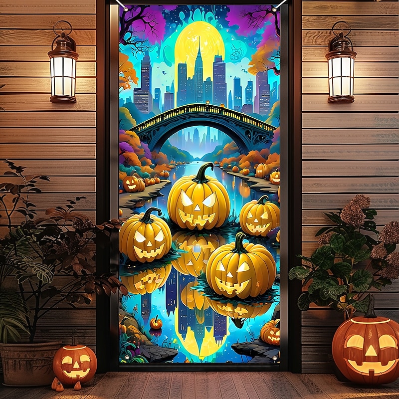 Halloween Door Cover Outdoor Banners Pumpkin Modern Dark Punk Gothic Style Party Outdoor Shooting Backgrounds Front Door Wall Porch Home Decor2