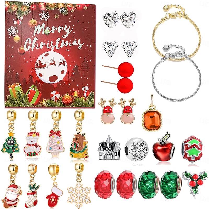 Christmas Advent Calendar Bracelets 2025 for Girls,24 Days DIY Jewelry Making Kit with 22 Charm Beads and 2 Adjustable Bracelets, Xmas Countdown Gift for Kids Teens Women - Main Image