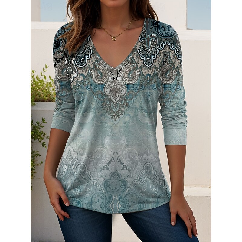 Women's T Shirt Floral Graphic Paisley Vintage Stylish Classic Long Sleeve V Neck Regular Tops Daily Print Black Red Blue Dusty Blue Purple Spring Fall Winter4