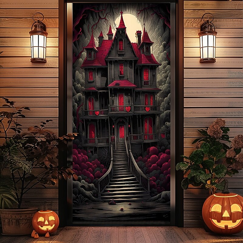 Halloween Door Cover Outdoor Banners Castle Rose Psychedelic Dark Punk Gothic Style Party Outdoor Shooting Backgrounds Front Door Wall Porch Home Decor4