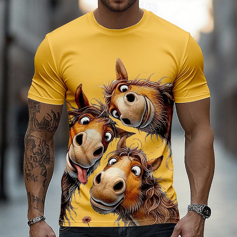 Men's Horse Funny T Shirt Short Sleeve T shirt 3D Print Crew Neck Shirt Exaggerated Designer Party Holiday Lake Blue Black White Summer Spring Clothing Apparel S M L XL XXL XXXL3