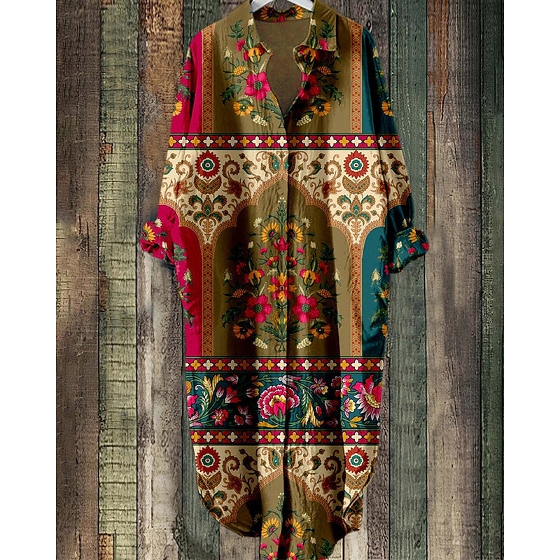 Women's Midi Dress Shirt Dress Casual Dress Boho Dress Fashion Modern Daily Beach Weekend Regular Fit Flower Long Sleeve Shirt Collar Purple Brown Spring Fall