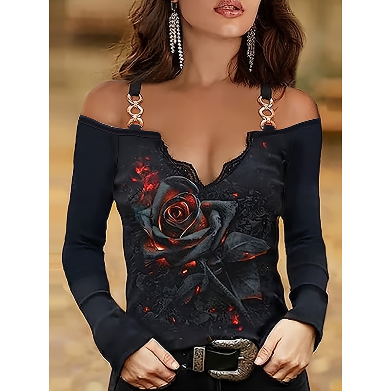 Halloween Women's Blouse Graphic Rose Vintage Stylish Modern Long Sleeve V Neck Off Shoulder Regular Tops Daily Going out Patchwork Print Black Summer Spring Fall