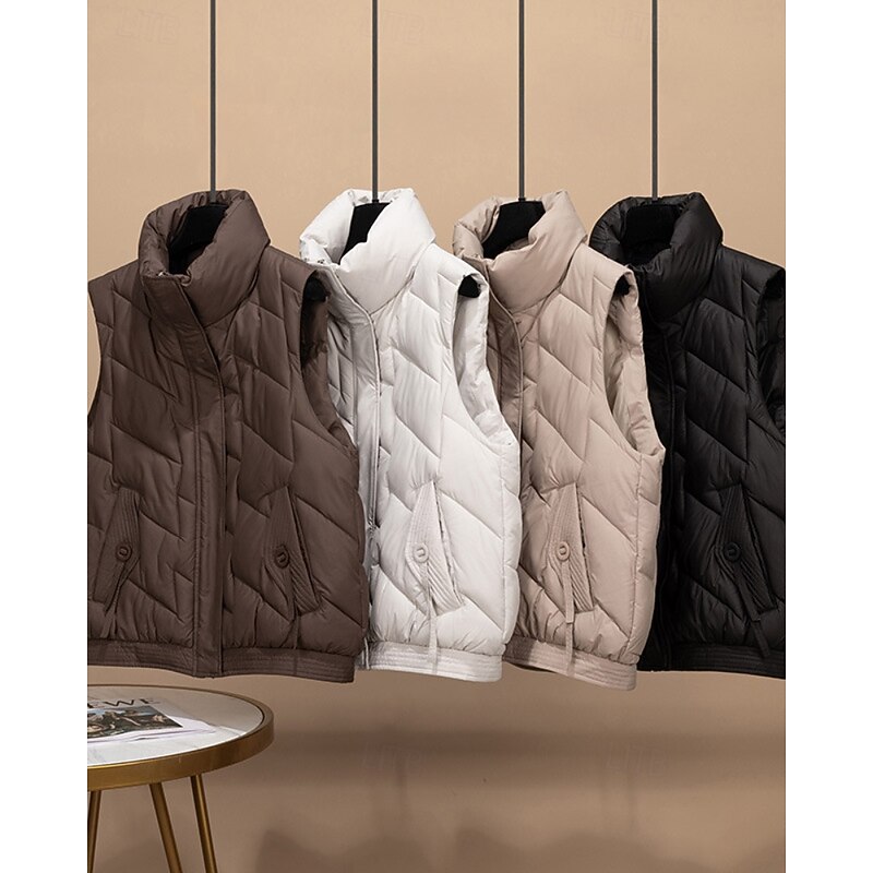 Women's Vest Warm Comfortable Zipper Pocket Casual Plain Outdoor Street Holiday Daily Wear Zipper Regular Stand Collar Regular Fit Sleeveless Outerwear Black Khaki Beige Winter3
