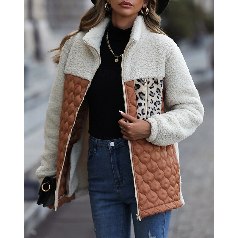 Women's Fleece Jacket Coat Warm Comfortable Patchwork Zipper Pocket Fashion Modern Casual Leopard Going out Weekend Zipper Regular Turndown Regular Fit Long Sleeve Outerwear Black Wine Army Green3