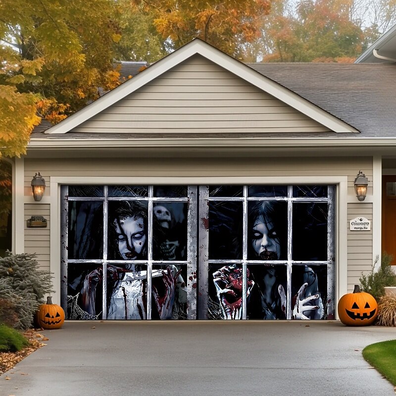 Halloween Garage Door Cover Large Hanging Backdrop Ghost Zombie Containment Unit 3D Dark Punk Gothic Style Party Outdoor Shooting Backgrounds Yard Haunted House Home Decor4