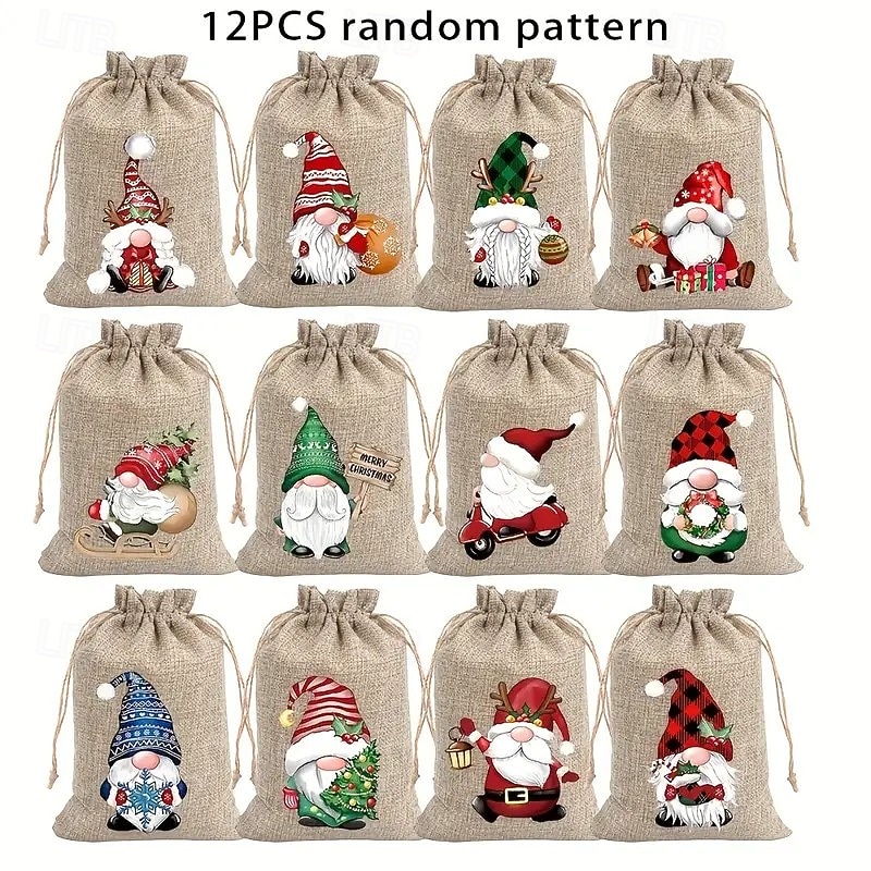 12pcs Christmas Burlap Gift Bags Set with Random Holiday Designs, Small Party Favor Pouches, Perfect for Christmas and New Year Celebrations2