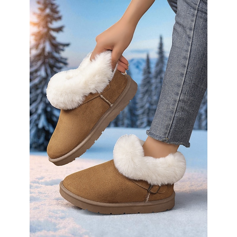 Women's Brown Faux Suede Winter Ankle Boots – Plush Fur Lining & Slip-On Warm Snow Shoes, Cozy Indoor & Outdoor Wear